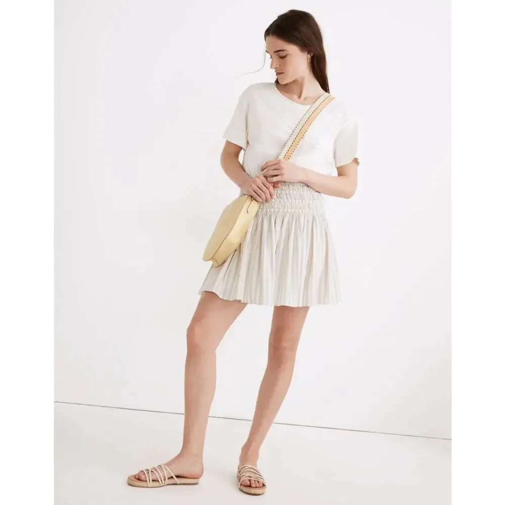 Madewell Smocked Linen Pull-On Mini Flared Flowing Skirt in Cool Fog Stripe
